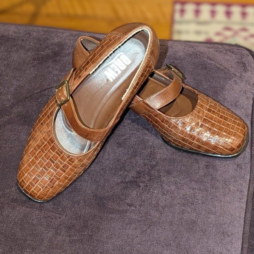 Drew Women's 6.5 WW Cognac Brown Leather Woven Mary Jane Shoes with Block Heel - Picture 3 of 8